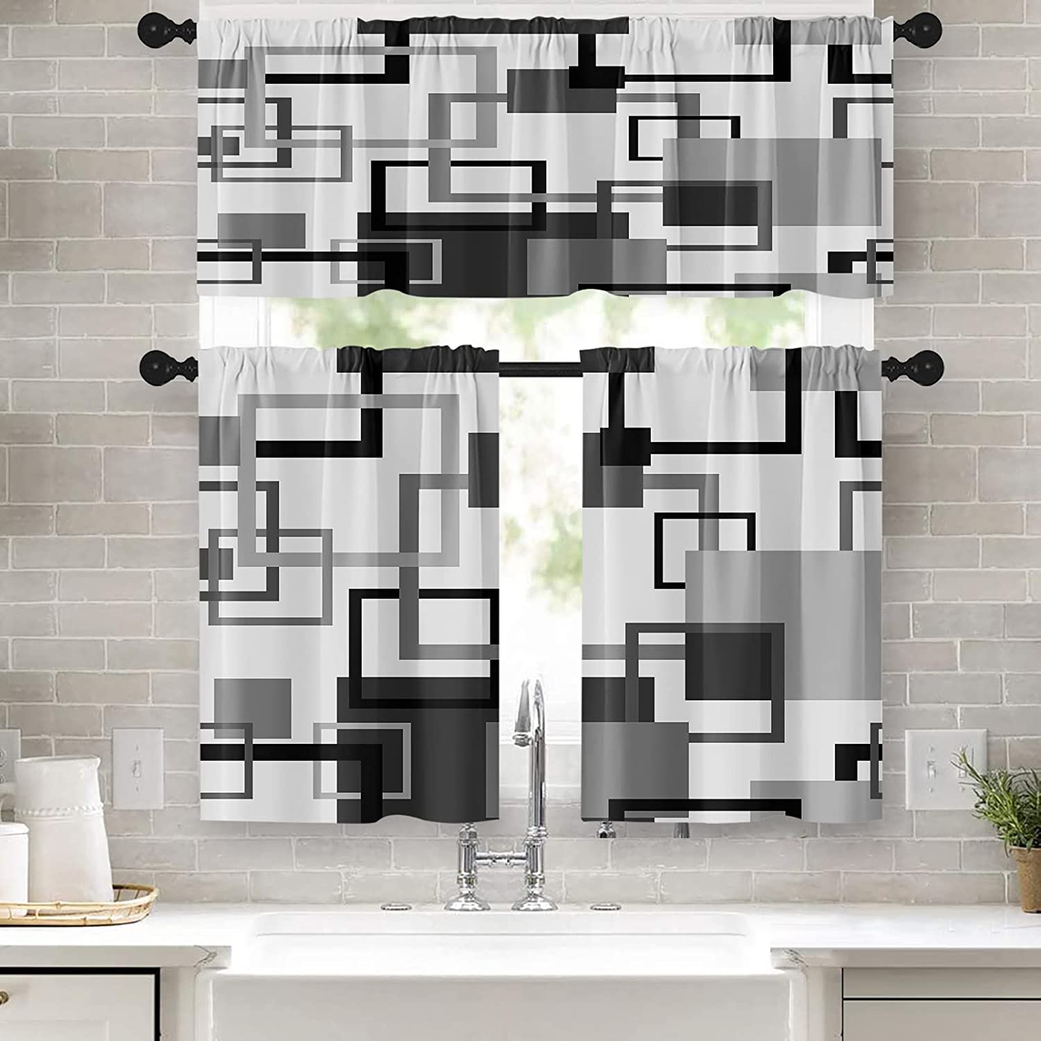 aoselan Black Grey Kitchen Curtains Geometric Window Curtains and