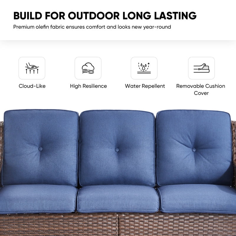 PARKWELL Outdoor Patio Wicker Furniture Set - 5 Piece Sectional Sofa Set with 3-Seat Sofa,2 Chairs and 2 Ottomans,Brown Wicker and Blue Cushion
