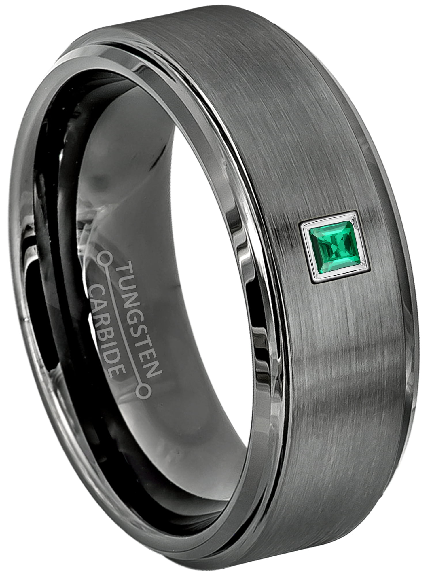 0.05ctw Princess Cut Emerald Tungsten Ring - 8MM Gunmetal (dark gray ...
