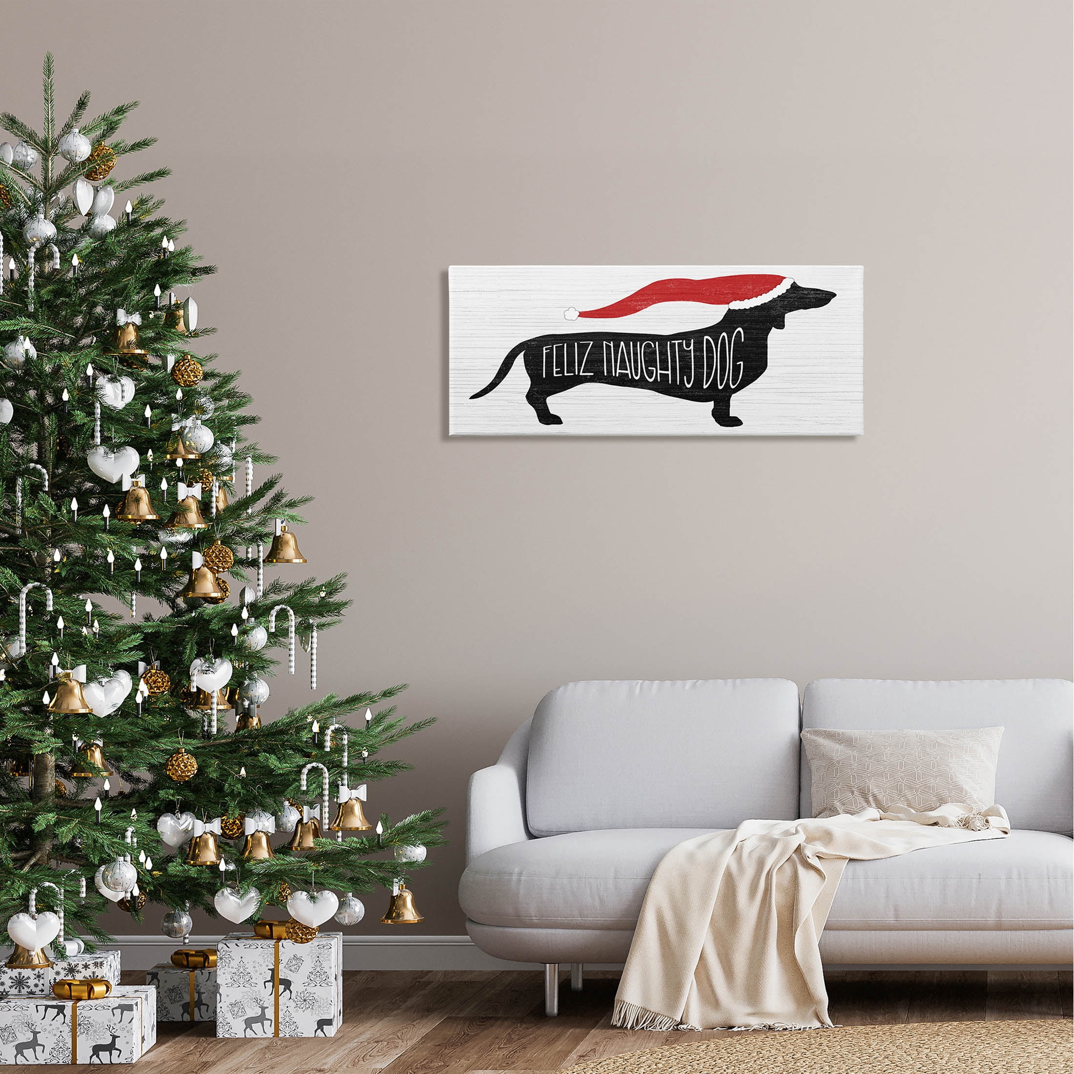 Funny Feliz Naughty Dog Dachshund Holiday Graphic Art Gallery Wrapped Canvas Print Wall Art
