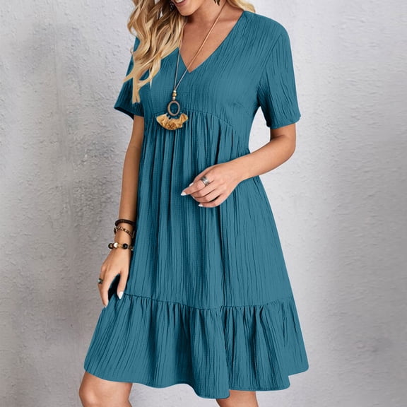 Pounoo Summer Dresses for Women Retro V Neck Mini Short Sleeve Dress Casual Loose Pleated Ruffle Flowy Beach Sundresses Gift