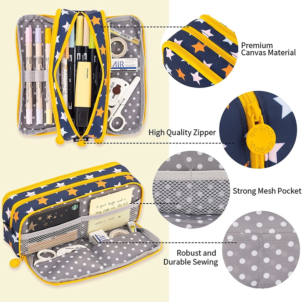 GIUGT Canvas Fabric Double Openinf Pencil Case, Yellow