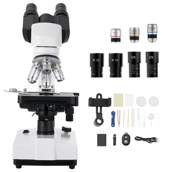 KFFKFF Binocular Compound Microscope, 40x-5000X Magnification, Professional Microscope for Adults with Dual Layer Stage and Two Eyepiece Sets, Durable Aluminum Alloy Frame, LED Illumination