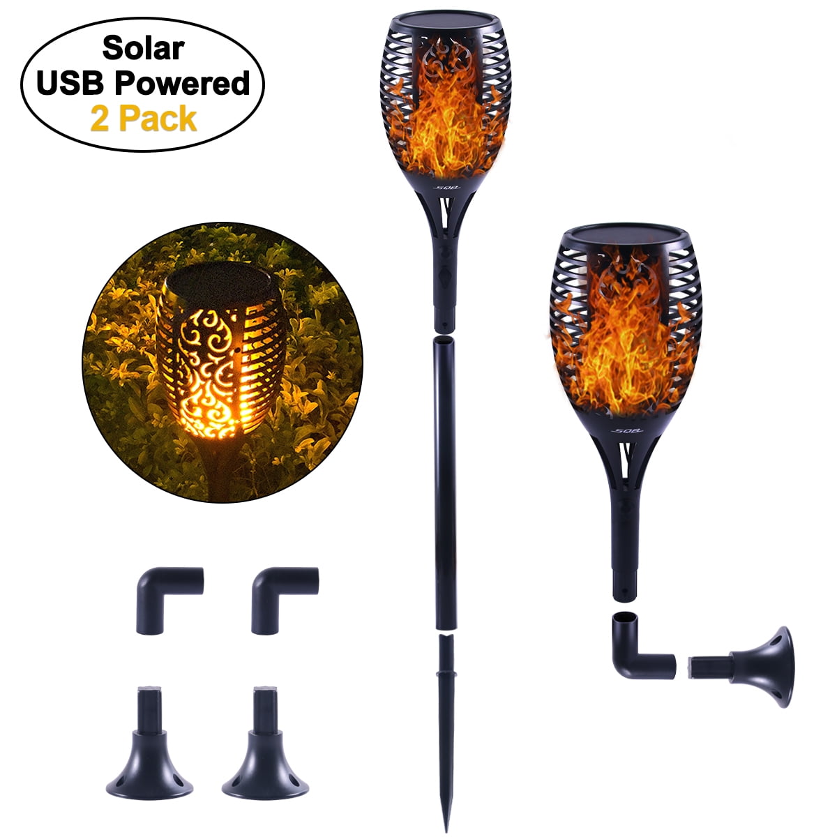 96 LED Waterproof Solar Tiki Torch Light Dance Flickering Flame Lamp 1Pair 
