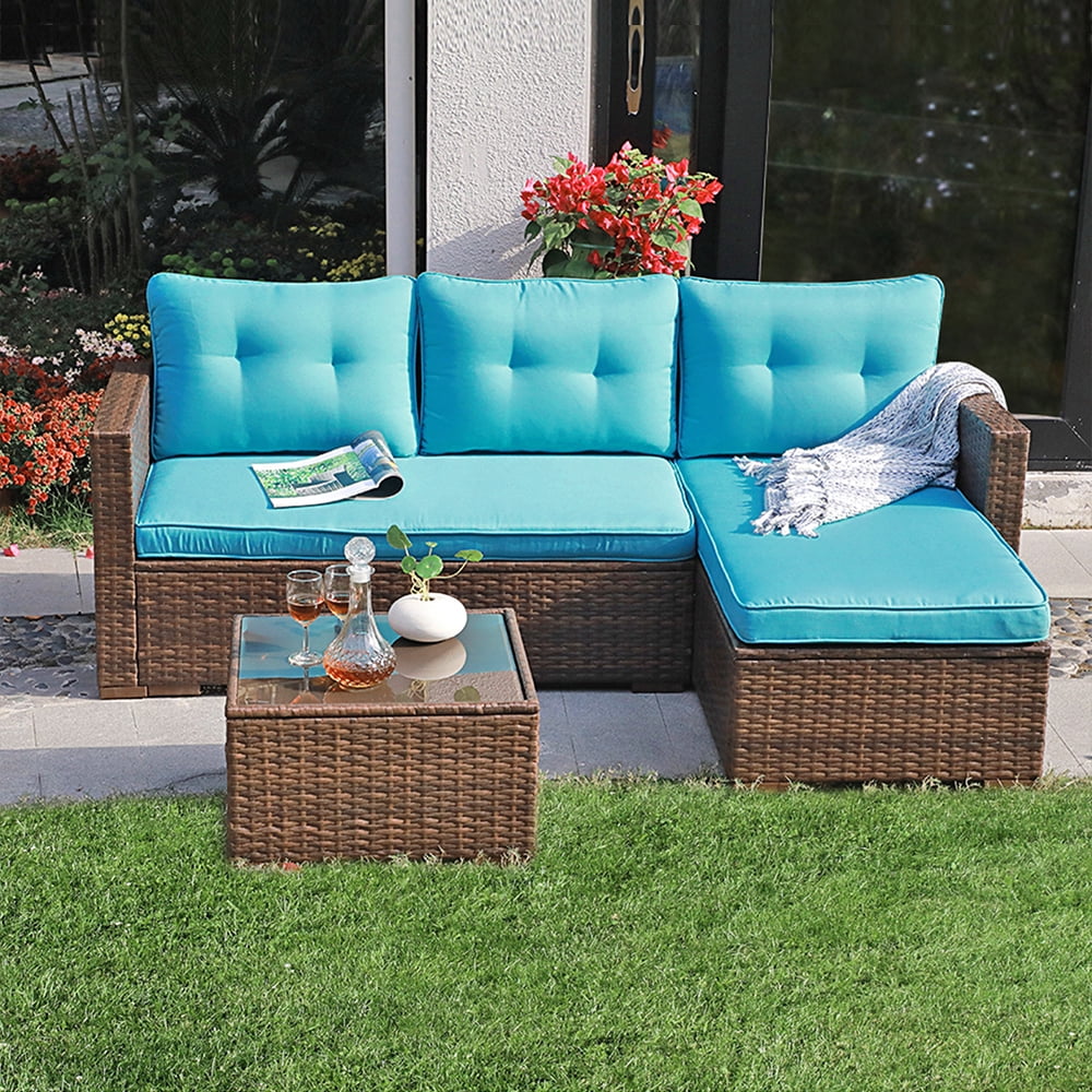 JOIVI Patio Set, PE Wicker Rattan Outdoor Conversation Set, Tempered Glass Coffee Table, Blue