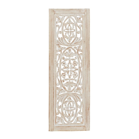 DecMode Neutral Cream/Distressed Wood Traditional Mango Carved Wood Leaves Wall Decor, 12"L x 36"H, 1-Piece