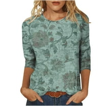 Womens 3/4 Length Sleeve Tops 2025 Floral Print Vintage Loose Fit Floral T-Shirt Plus Size Round Neck Comfy Blouse