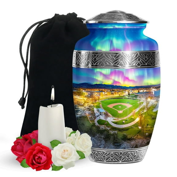 YATSKIA Baseball Ground with Northern Lights Large Memorial Urns for Human Ashes Adult Male and Female, Decorative Cremation Urn for Adult Ash, (200 Cubic, Large 10 Inch)