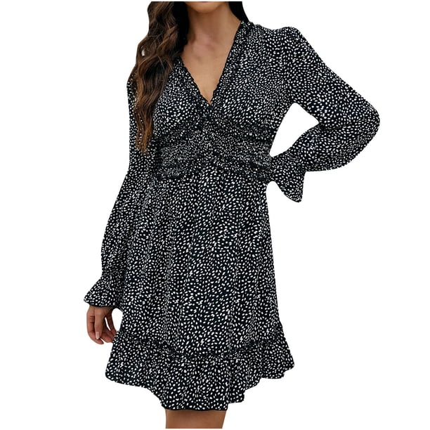 Vestido hasta la rodilla con volantes y manga larga de mariposa con cuello en V y estampado de puntos sexy informal para mujer a la moda Fridja NMB4995