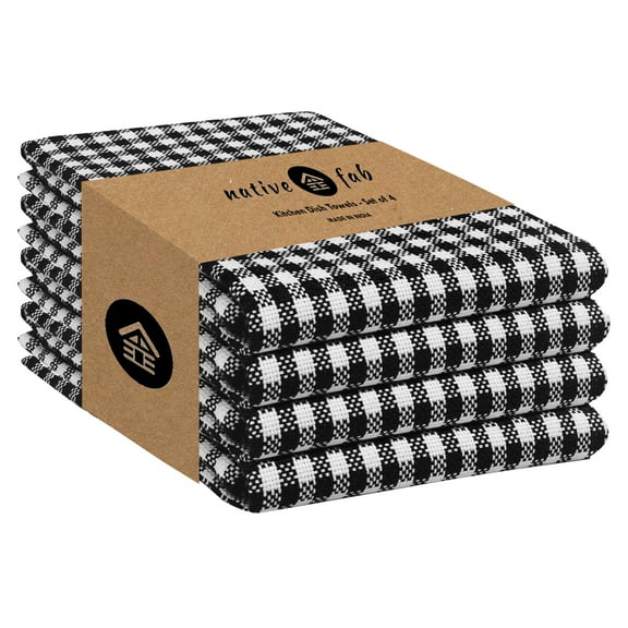 Native Fab 4 Pack Gingham Mini Check Kitchen Towel - Absorbent - Cotton Dish Cloths - 16x26 - Black