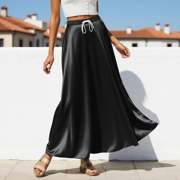 Satin Skirts for Women Solid Color Maxi Skirt With High Waist Elegant Drawstring Casual Womens A Line Long Skirt Black L