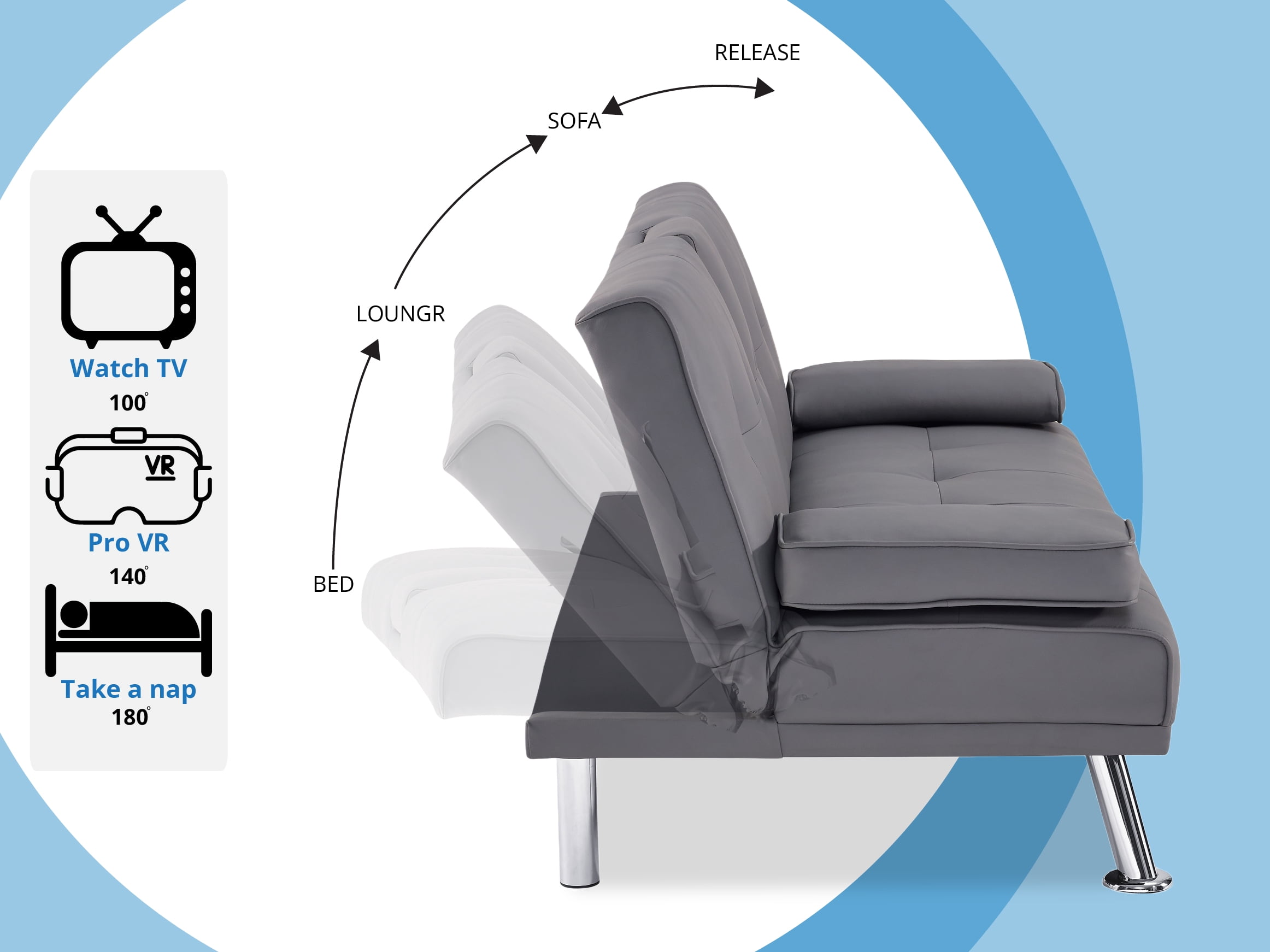 Futon Sofa Bed, Faux Leather Futon Couch with Armrest and 2 Cupholders, Pull Out Sofa Bed Couch Convertible with Metal Legs, Folding, Reclining Small Couch Bed, Futon Bed for Living Room - Gray