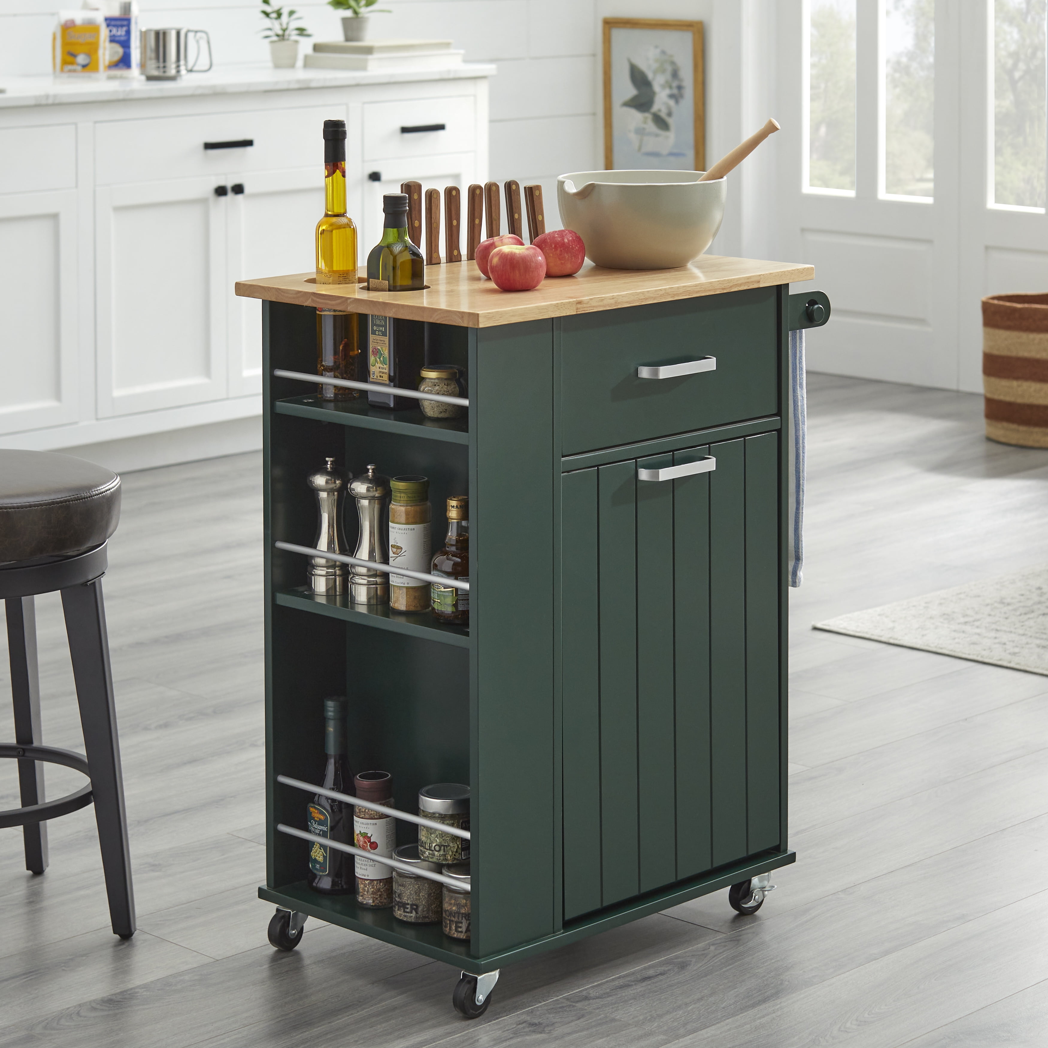 TMS Lima 3-Tier Rolling Kitchen Storage Cart with Spice Rack, Towel Bar, and Pull-Out Trash Bin Door, Dark Hunter Green