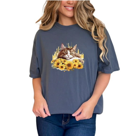 Cute Cat with Sunflowers Graphic T-Shirt, Fun Cat Lover Gift Tee, Adorable Kitty and Daisies Top, Unique Animal Print Shirt, Denim Comfort Colors T-Shirt, Small