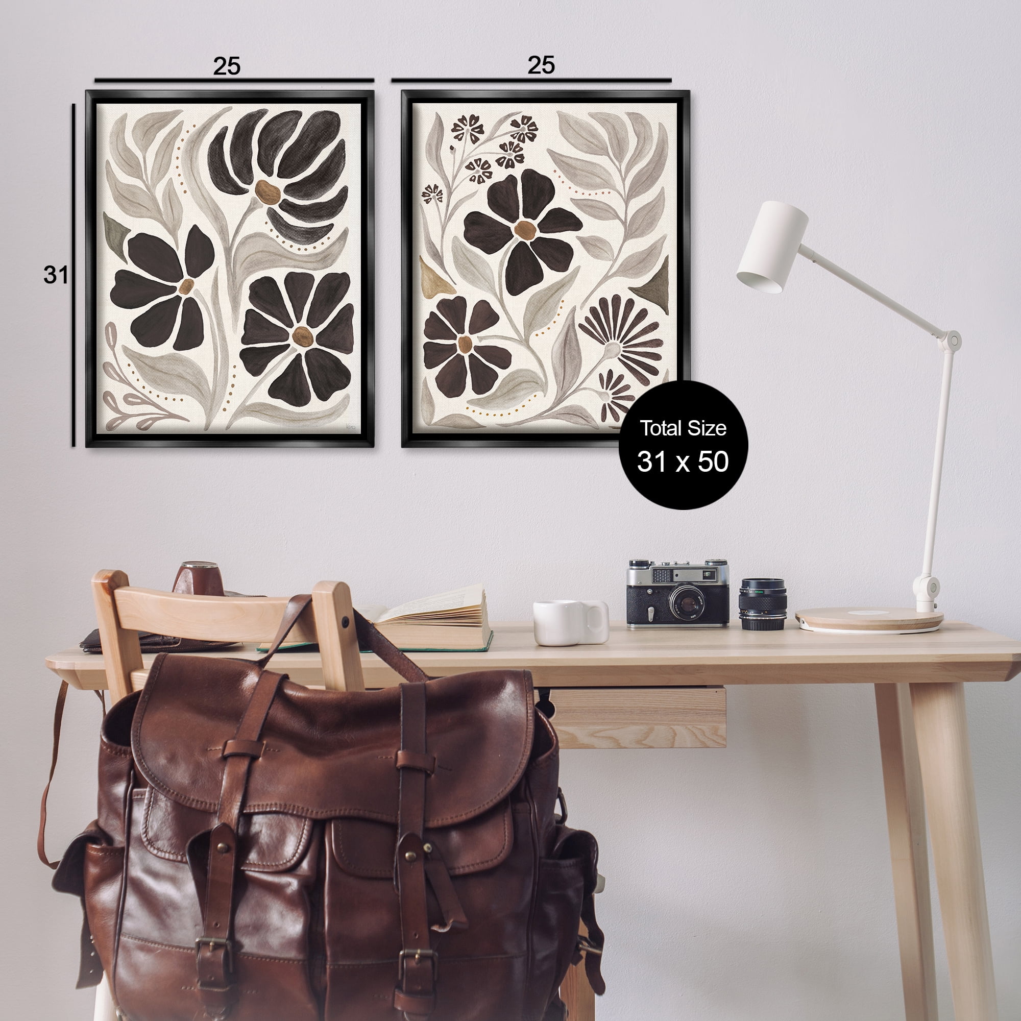 Stupell Industries Modern Neutral Petals Plants & Flowers Painting Black Floater Framed Canvas Art Print Wall Art, 31 x 25, Set of 2