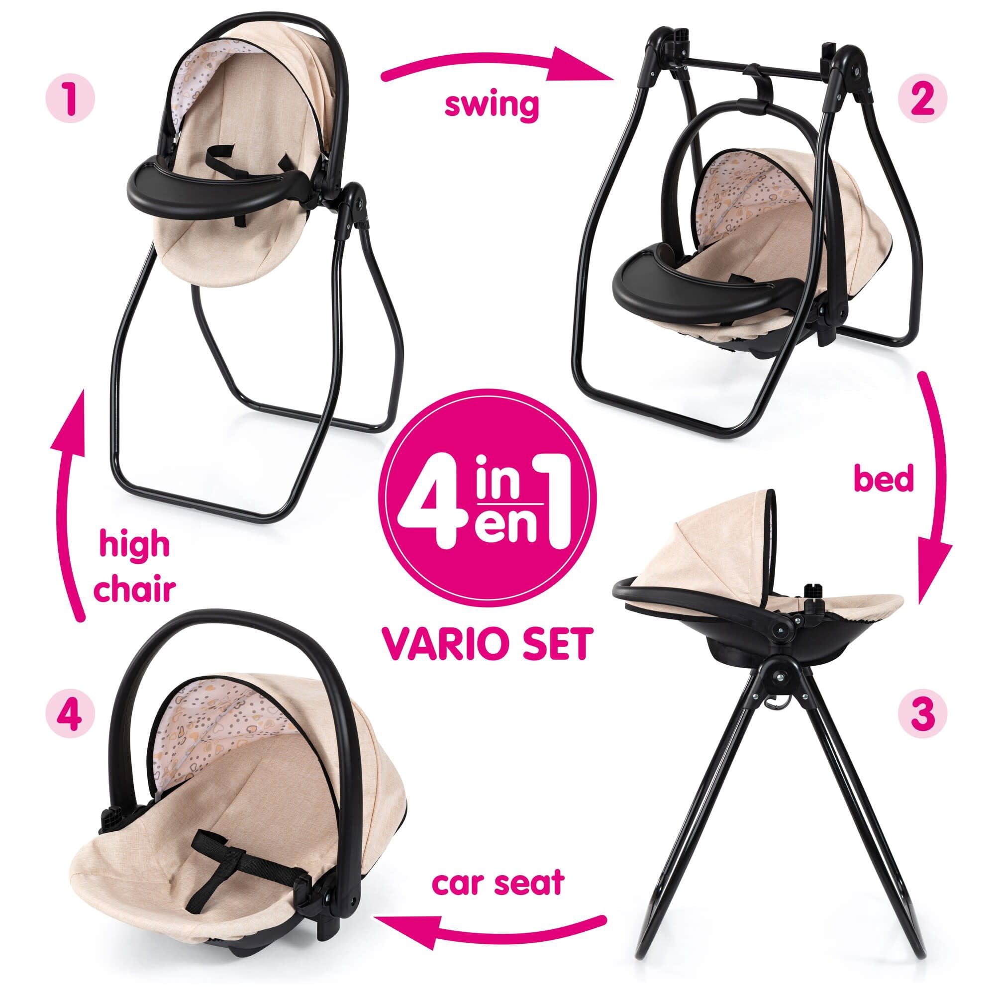 Bayer Design: Doll 4-In-1 Vario - Beige-Black-Hearts - Convertible Toy: Highchair-Swing-Bed-Car Seat, All-In-1 Care Accessory Fits 18" Dolls, Kids 3+