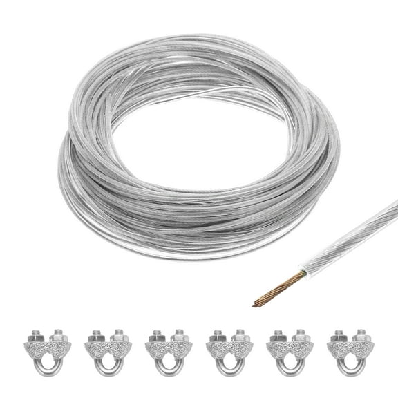 Uxcell 3/32 Clear Vinyl Coated Wire Rope 98ft Galvanized Steel with 6PCS M3 Loop Sleeves