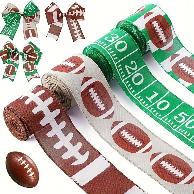 HLONK 4 Rolls 20 Yards Football Wired Edge Ribbons 2.5inch Brown Green American Football Burlap Ribbons Sport Gridiron Ribbon for Gift Wrapping Sports Ball Game Sewing DIY Crafts Suppli