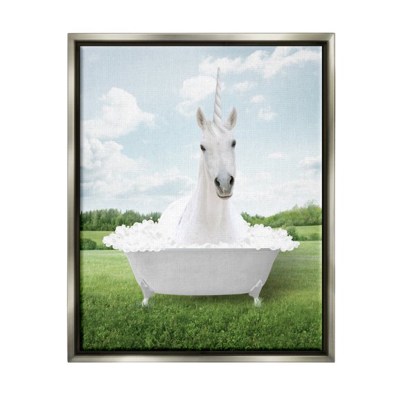 Stupell Industries Unicorn in Tub Landscape Nature Painting Gray Floater Framed Art Print Wall Art, 25 x 31