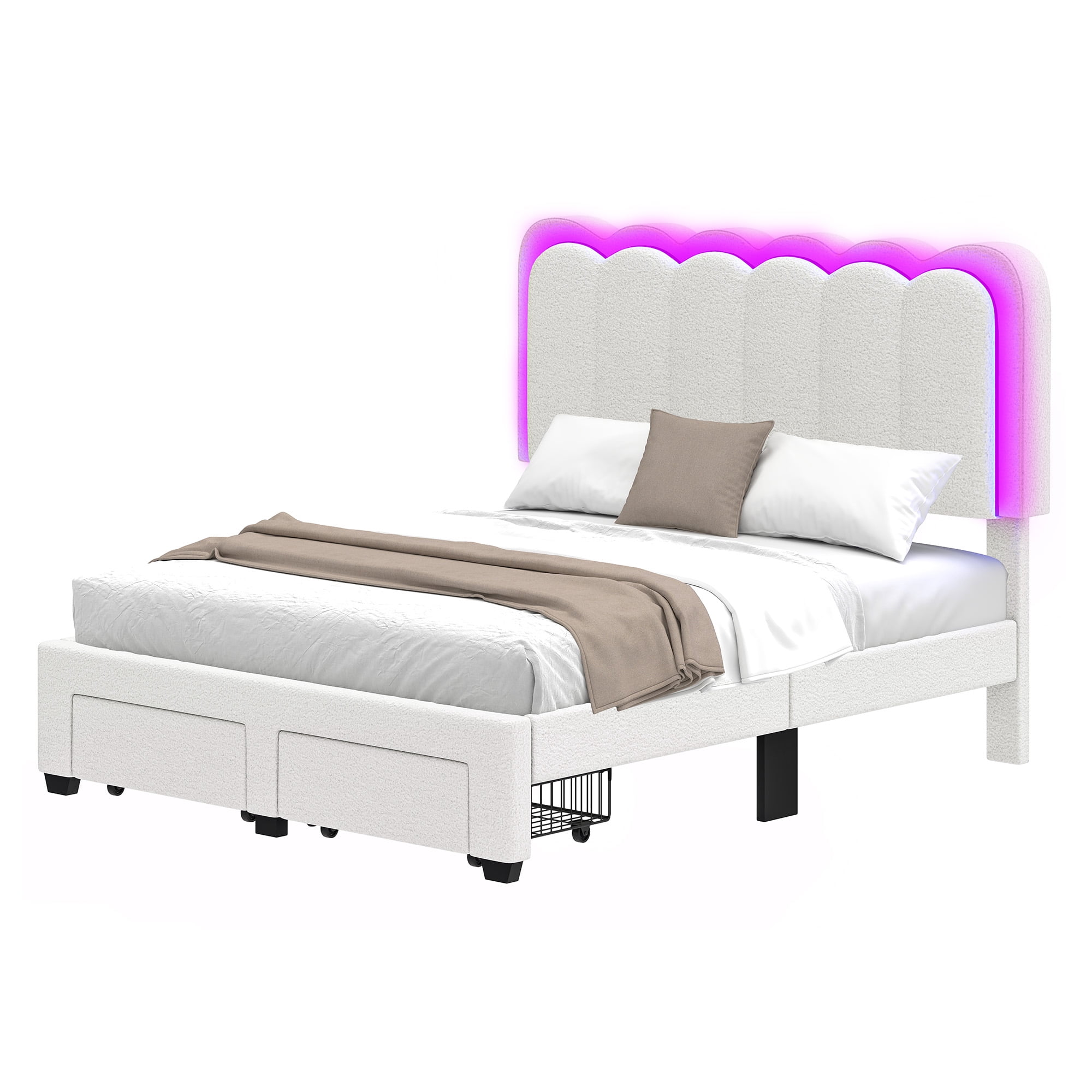 Uforic Queen Size Upholstered Bed Frame with Charging Station & Drawer, Storage Bed Frame with LED Lights & Adjustable Headboard, White