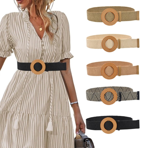 Helii Black Belts for Women Women Straw Woven Elastic Stretch Wide Waist Belt with Buckle for Dresses