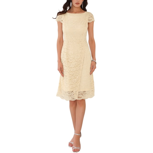 INSPIRAR CHIC Vestidos Midi de Cóctel para Invitadas de Boda con Manga Corta de Encaje Floral y Cuello Barco Dorado 2XL