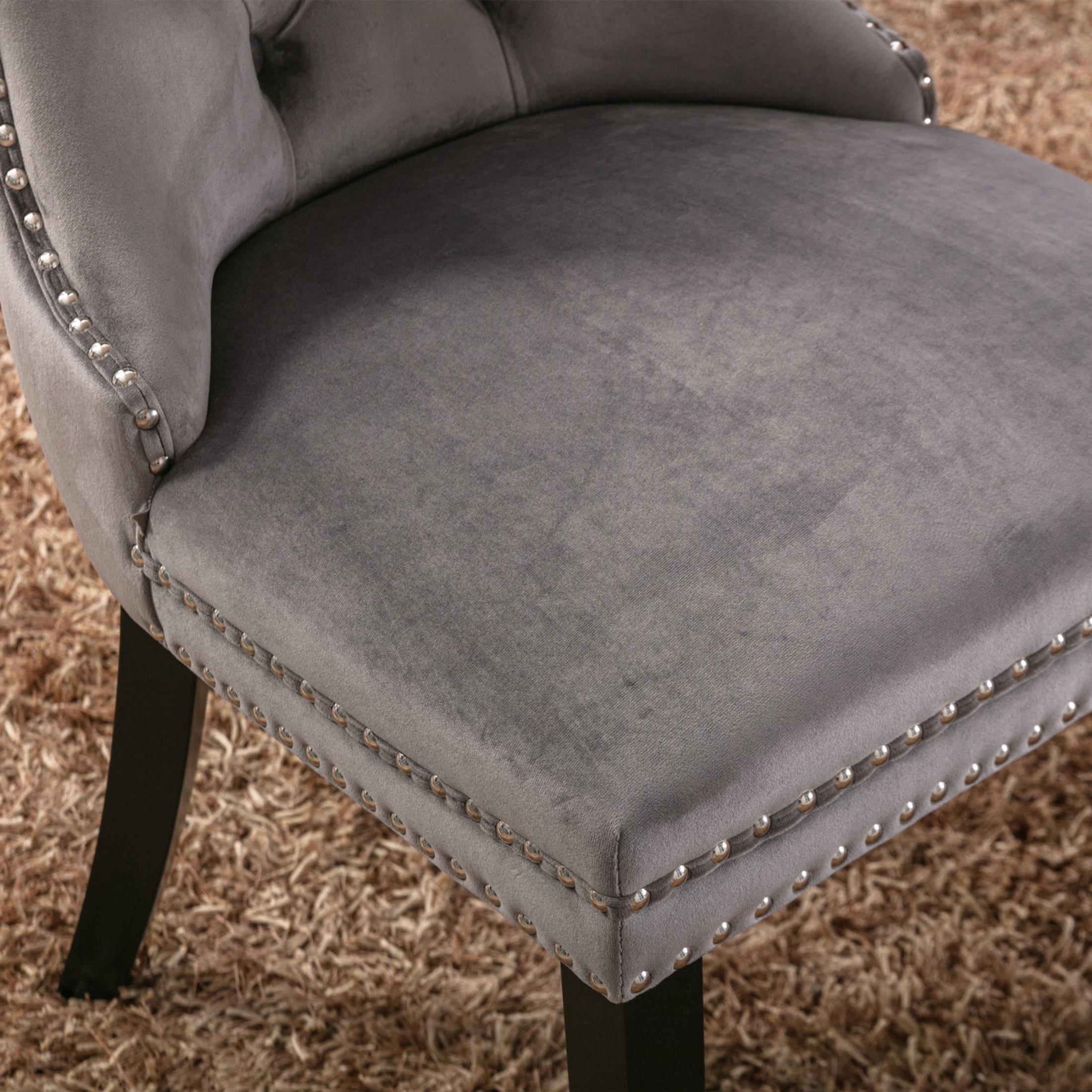 Noble House Tufted Velvet Dining Chair, Nailhead Trim, Solid Wood Legs, Gray + Black