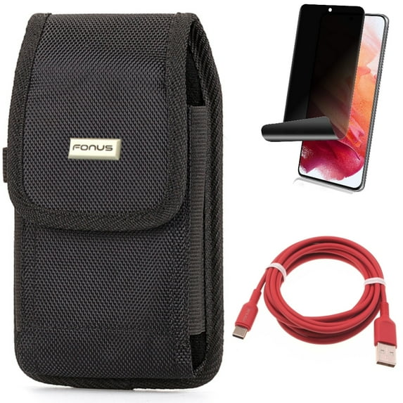 Privacy Screen Protector w 6ft USB-C Cable w Case Belt Clip for Samsung Galaxy S21 Plus - TPU Film Fingerprint Works, Red Charger Cord, Rugged Holster Accessory Bundle