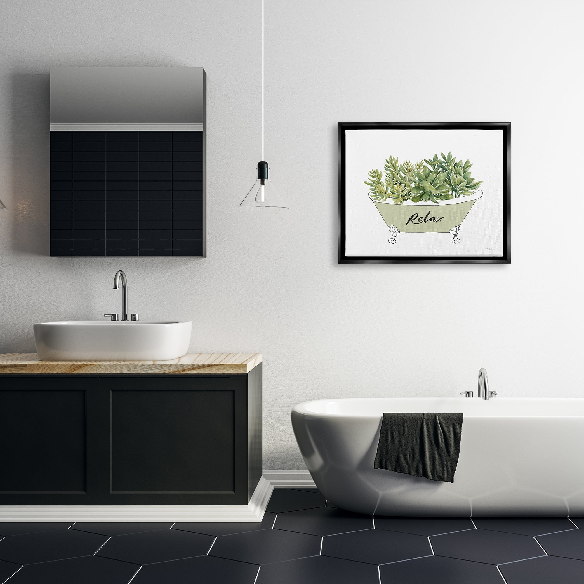 Stupell Industries Claw Foot Bathtub Succulent Plants Relax Typography Graphic Art Jet Black Floating Framed Canvas Print Wall Art, Design by Cindy Jacobs