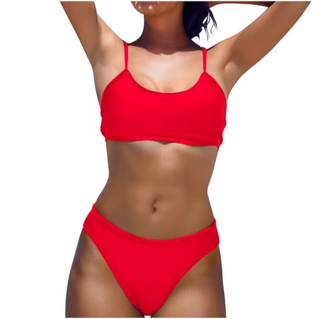 Uaswgudfs Women s Spaghetti-Strap Tankini Top and High-Waisted Bikini Bottom Set - Streamlined  Stretch-Fit Design Red XL