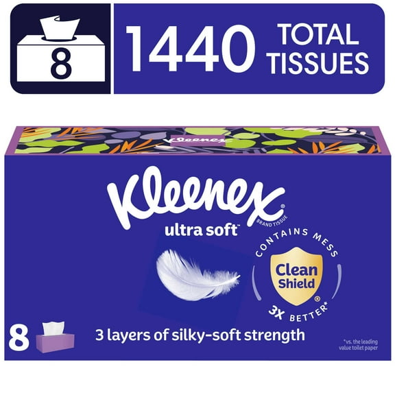 Kleenex Ultra Soft Facial Tissues, 8 Flat Boxes, 180 Tissues per Box, 3-Ply