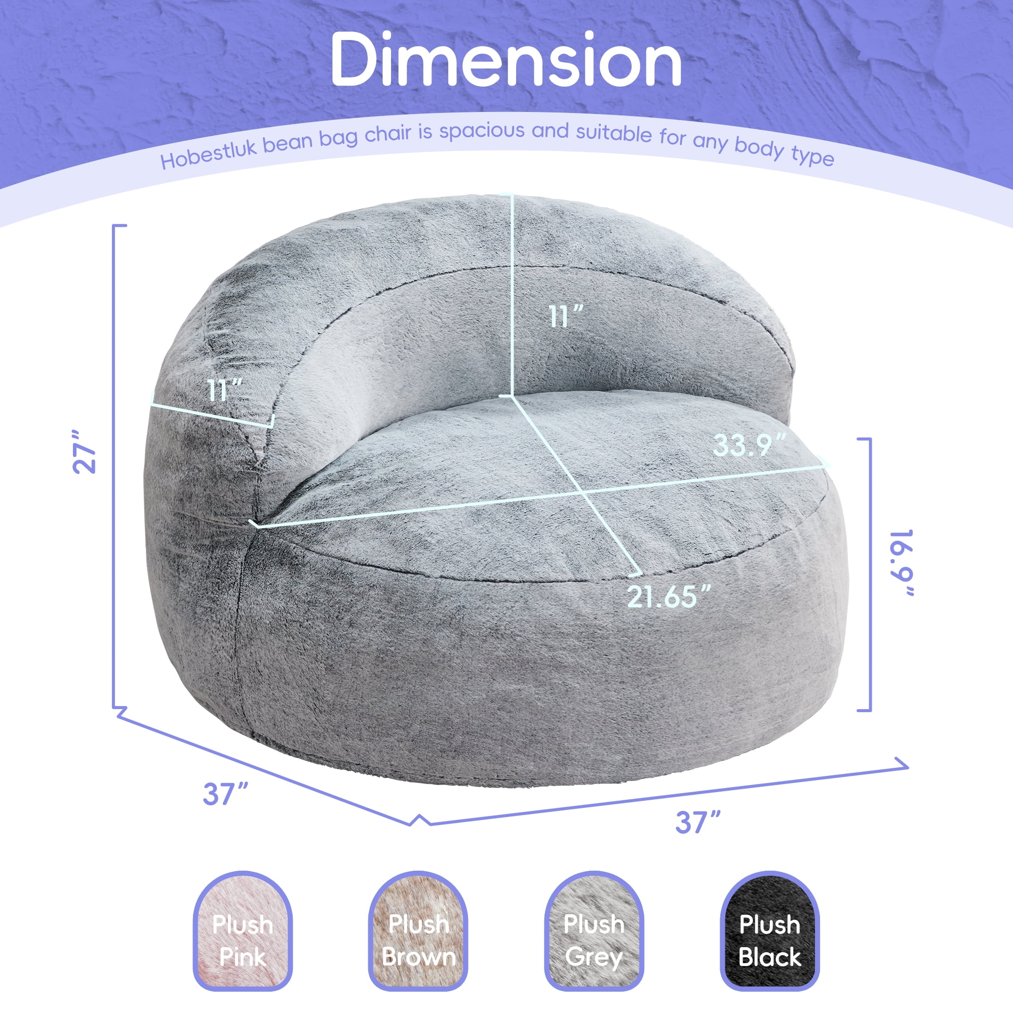Hobestluk 3FT Bean Bag Chair for Adults with Memory Foam Filler Giant Beanbag with Faux Fur Cover for Bedroom (Plush Grey,Large)