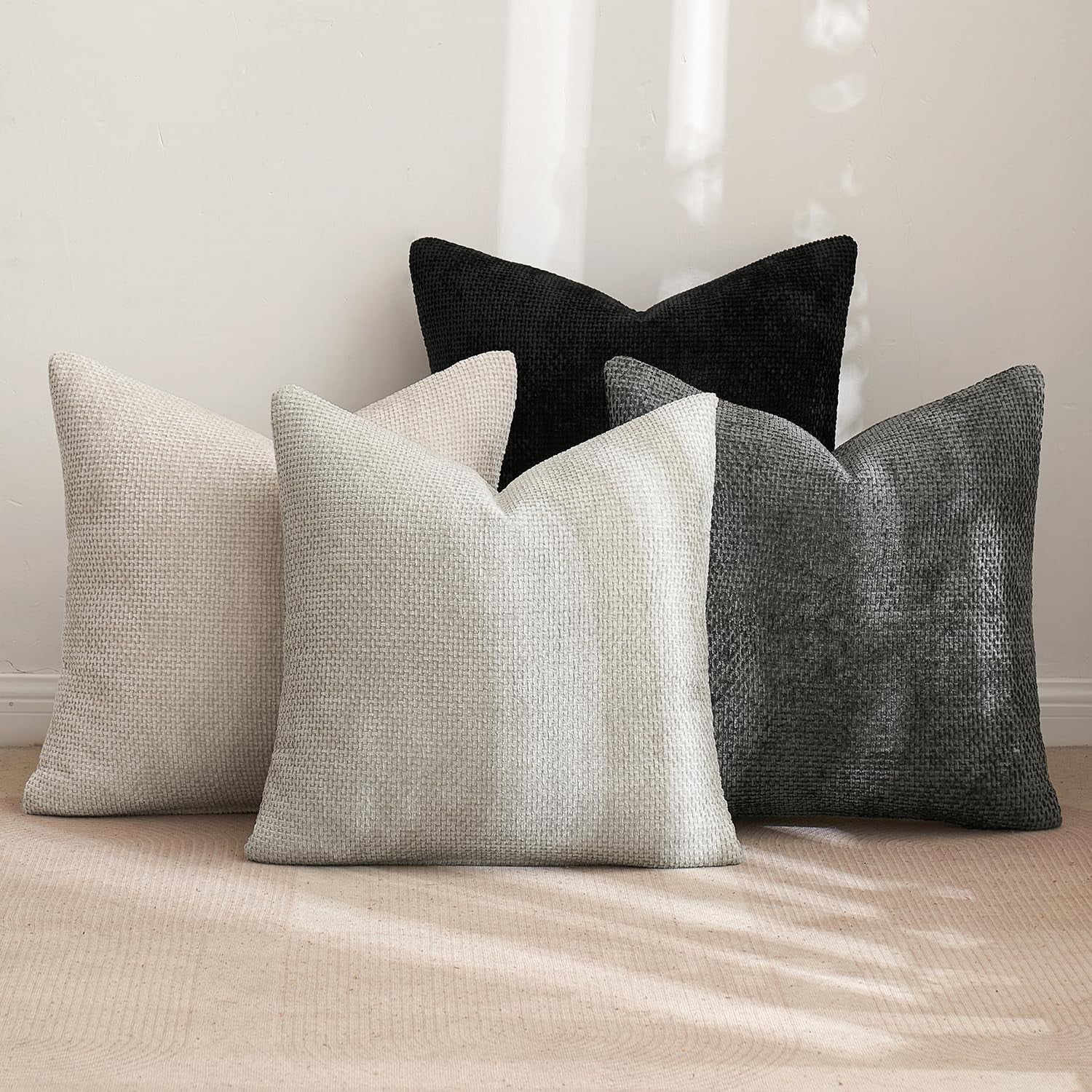 Lomyolo Set of 4 Chenille Pillow Covers - 18x18 Inch Soft Farmhouse Decor for Couch, Sofa, Bedroom Spring Summer Farmhouse Accent Boho Cushions Decor