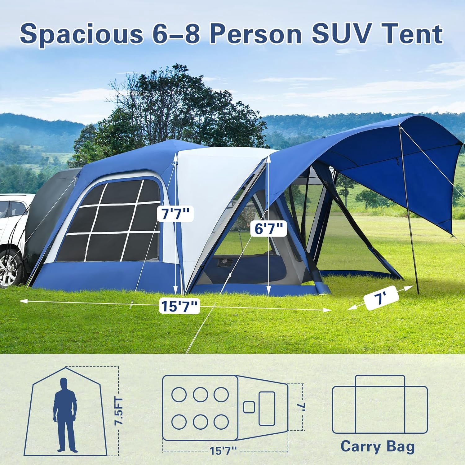 Bronkige 4/6/8 Person SUV Tent, Easy Setup & Spacious SUV Tailgate Tent with Large Mesh Windoors, Rainfly & Awning, Perfect for Family & Group Outdoor Adventures