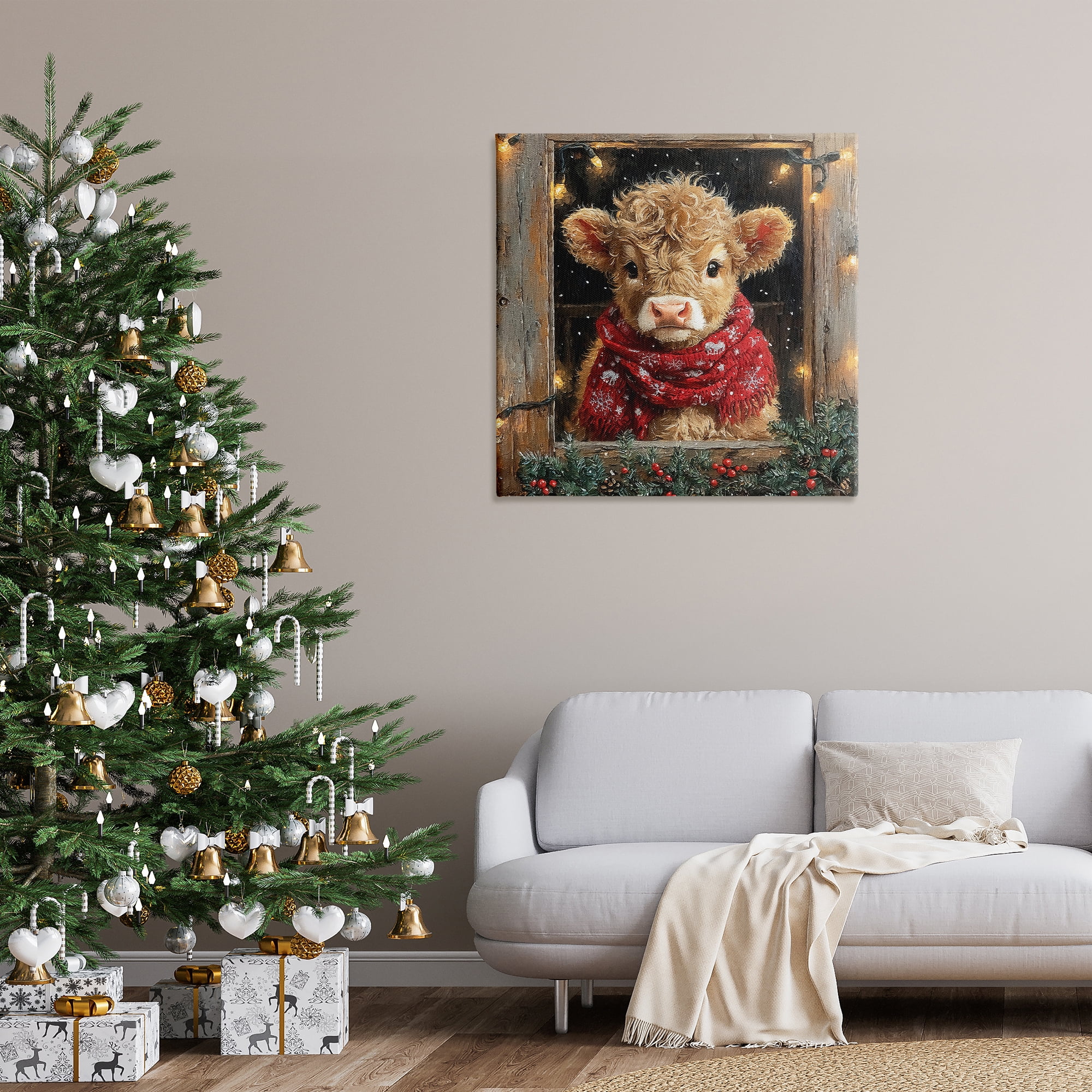 Stupell Industries Calf with Holly & Lights Garland Animals Painting Wrapped Canvas Canvas Art Print Wall Art, 36 x 36