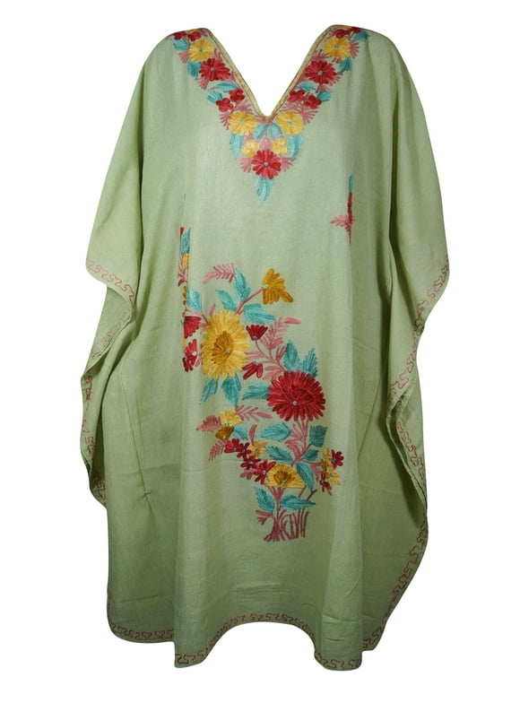 Mogul Women Embroidery Mid Length Caftan Dress V-Neck Kimono Sleeves Resort Wear Cover Up Sage Green Tunic Kaftan Dresses 2XL