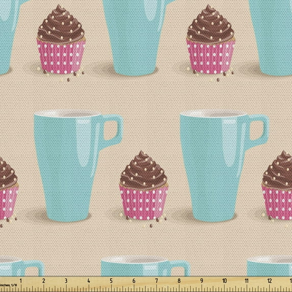 Tea Party Upholstery Fabric by the Yard, Cupcakes with Chocolate Cream Polka Dotted Pattern, Decorative Fabric for DIY and Home Accents, Beige Multicolor by Ambesonne