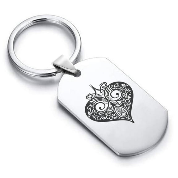 Stainless Steel Heart Card Suit Dog Tag Keychain Circle Ring