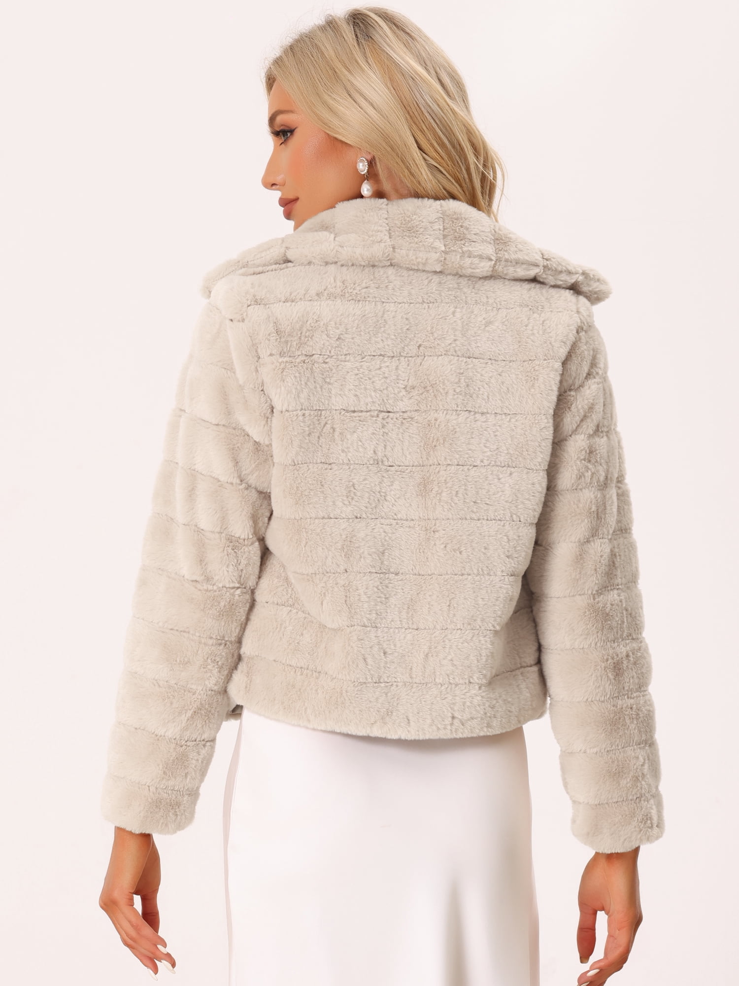 DARING DIVA Women's Faux Fur Fluffy Coat Collar Cropped Jacket L Light Khaki