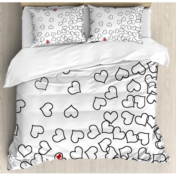 y Blanco Funda Nórdica Set, Corazón Formas Ilustración Love You Boda Nupcial