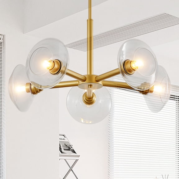 5-Light Sputnik Chandelier, 26.4 Inch Mid-Century Pendant with Glass Shades, Adjustable, Gold
