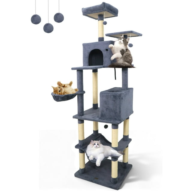 Gymax 80'' Tall Cat Tree w/2 Condos Sisal Scratching Posts Plush Perch Hammock Basket Dark Gray