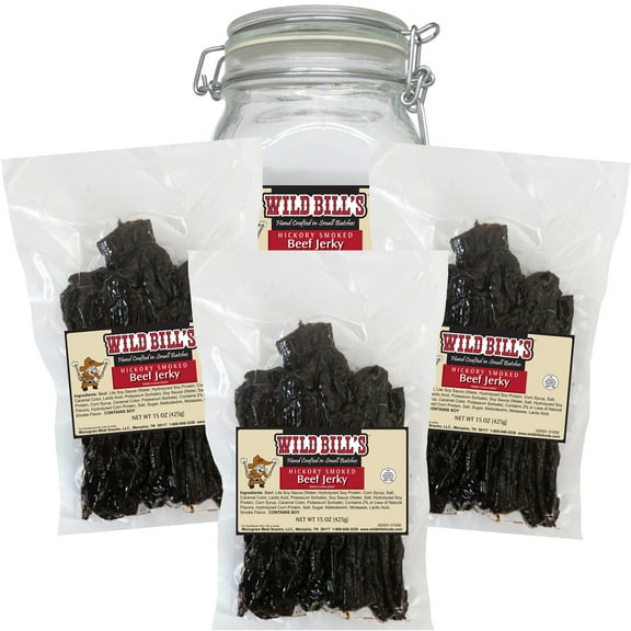 Wild Bill's Original Hickory Smoked Beef Jerky Three-Bag Starter Kit (three 15oz bags and 1 jar)