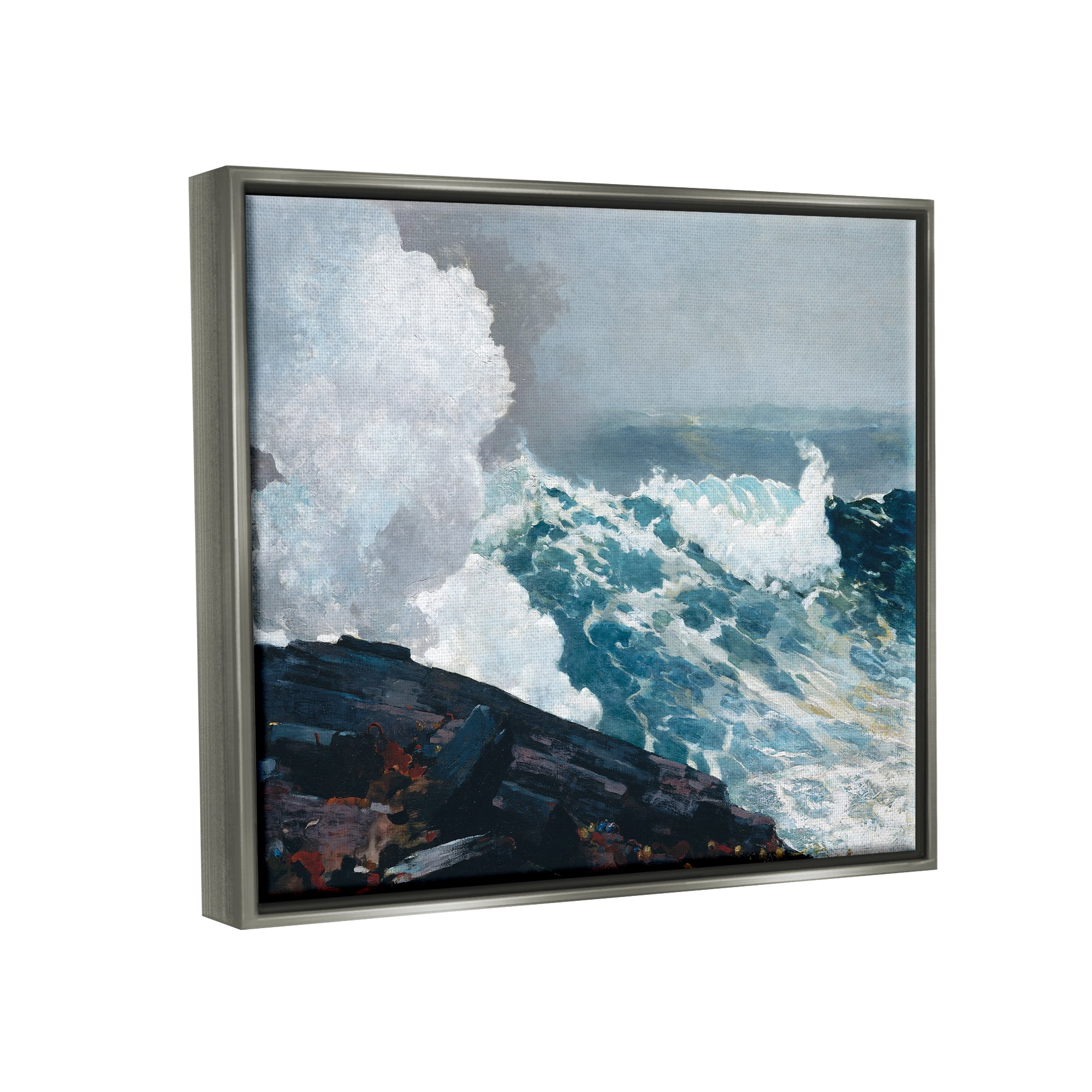 Stupell Industries Ocean Waves & Cliffs Landscape Painting Gray Floater Framed Canvas Art Print Wall Art, 21 x 17