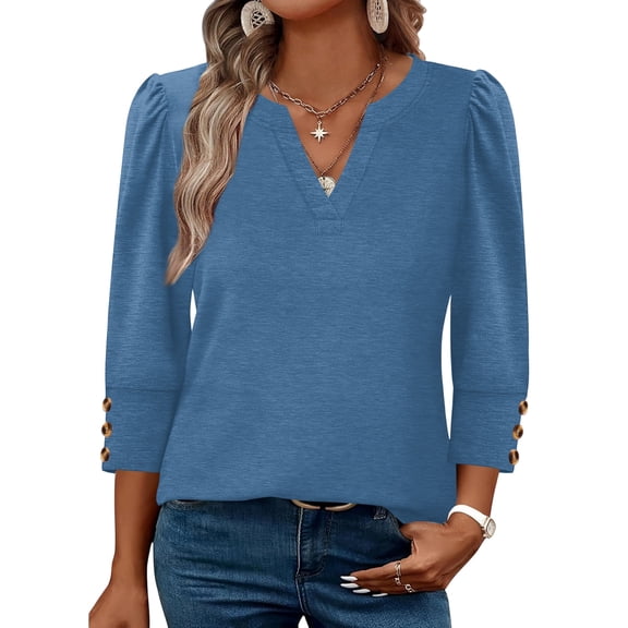 KLHDSF 3/4 Length Sleeve Women's Tops with Button Cuffs Dressy Casual V Neck Summer Outfits Early Fall Fashion Spring Clothes Navy L