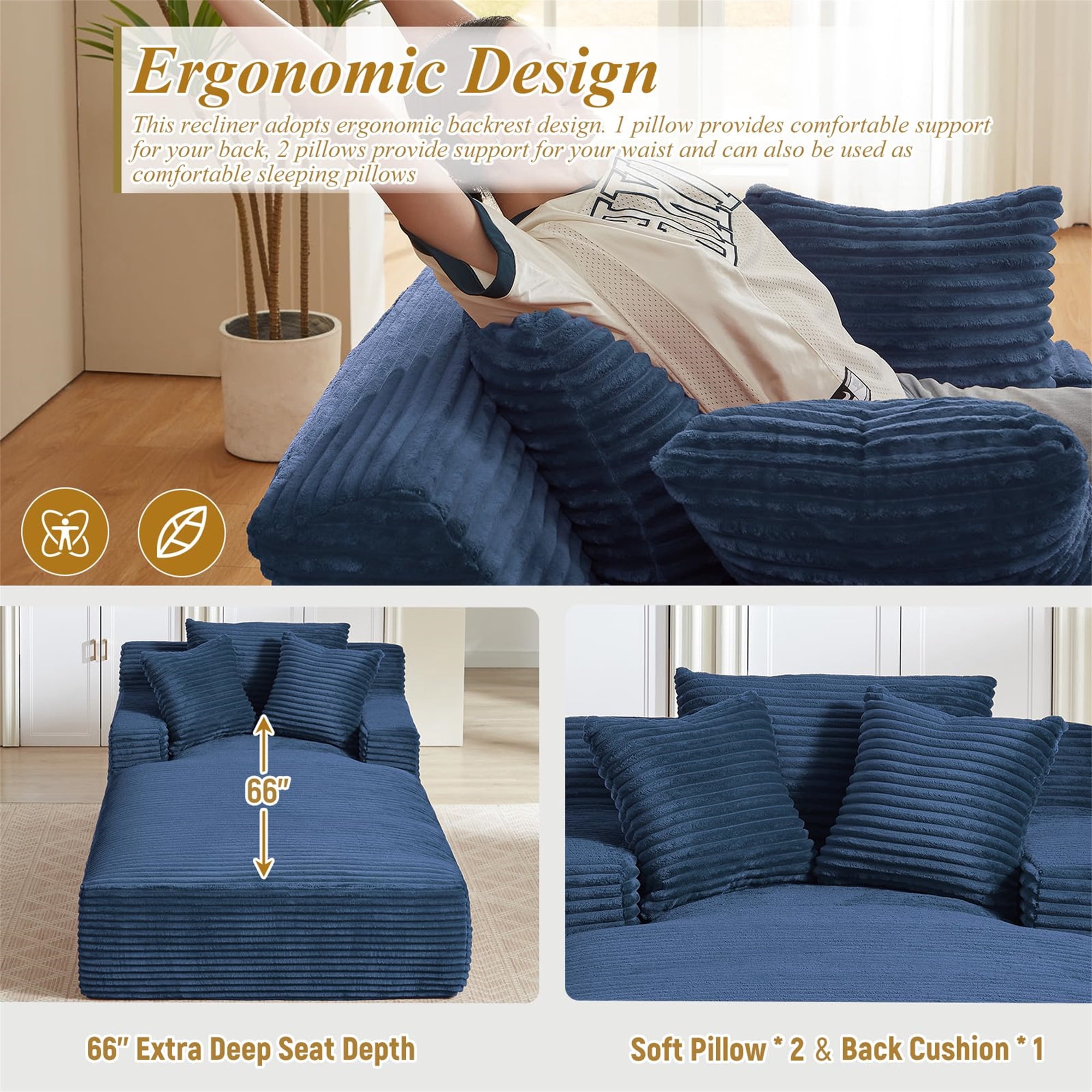 Aukfa Chaise Lounge Oversized Indoor Chair Boneless Couch for Living Room, 3Pillows, Blue