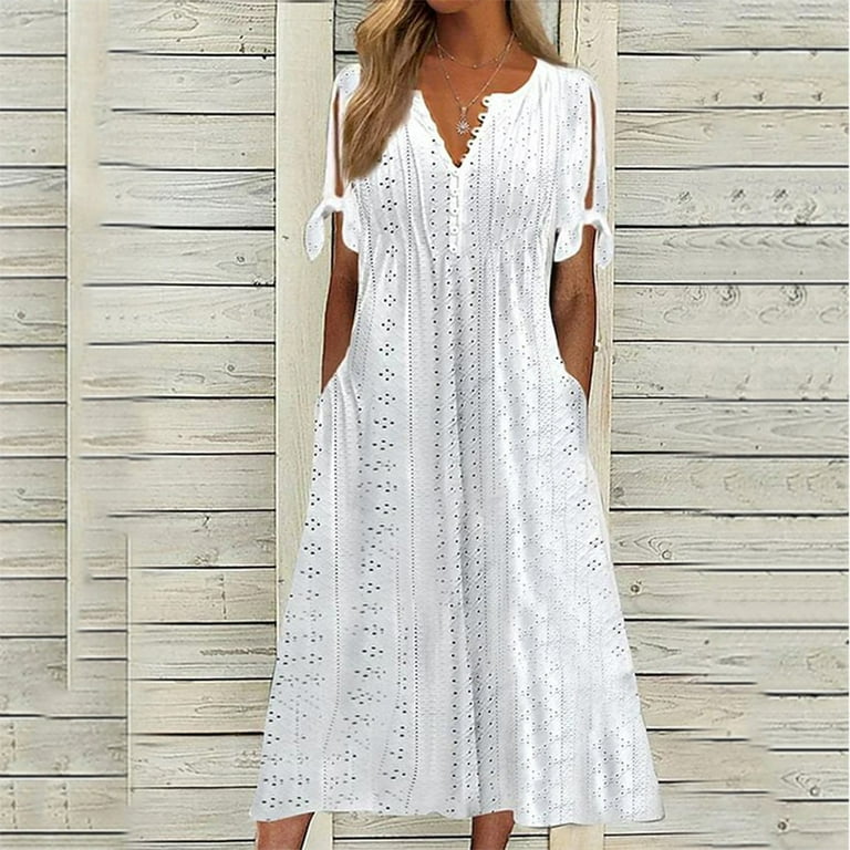 TQWQT Eyelet Dress for Women Casual Short Sleeve Eyelet Maxi Dresses Beach  Vacation Sundress Trendy Tshirt Dresses Dressy Summer Cruise Dresses White  XL - Walmart.com