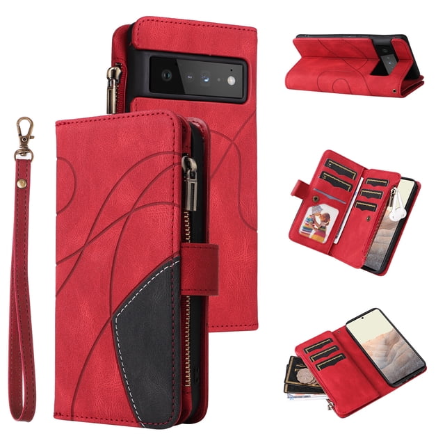 Compatible with Google Pixel 6 Pro Wallet Case with Card Slots PU Leather Zipper Flip Folio Cover