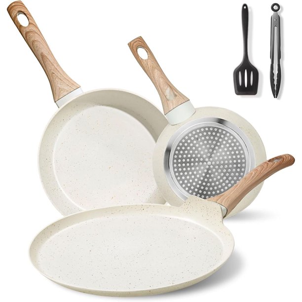 Juego de 5 piezas de Sartenes y Crepera, Batería de Cocina de Granito, Sartenes Antiadherentes, Libre de PFOS y PFOA, Apto Todo Tipo de Estufas (Crepera 28cm y Sartén 20cm/24cm) Blanco
