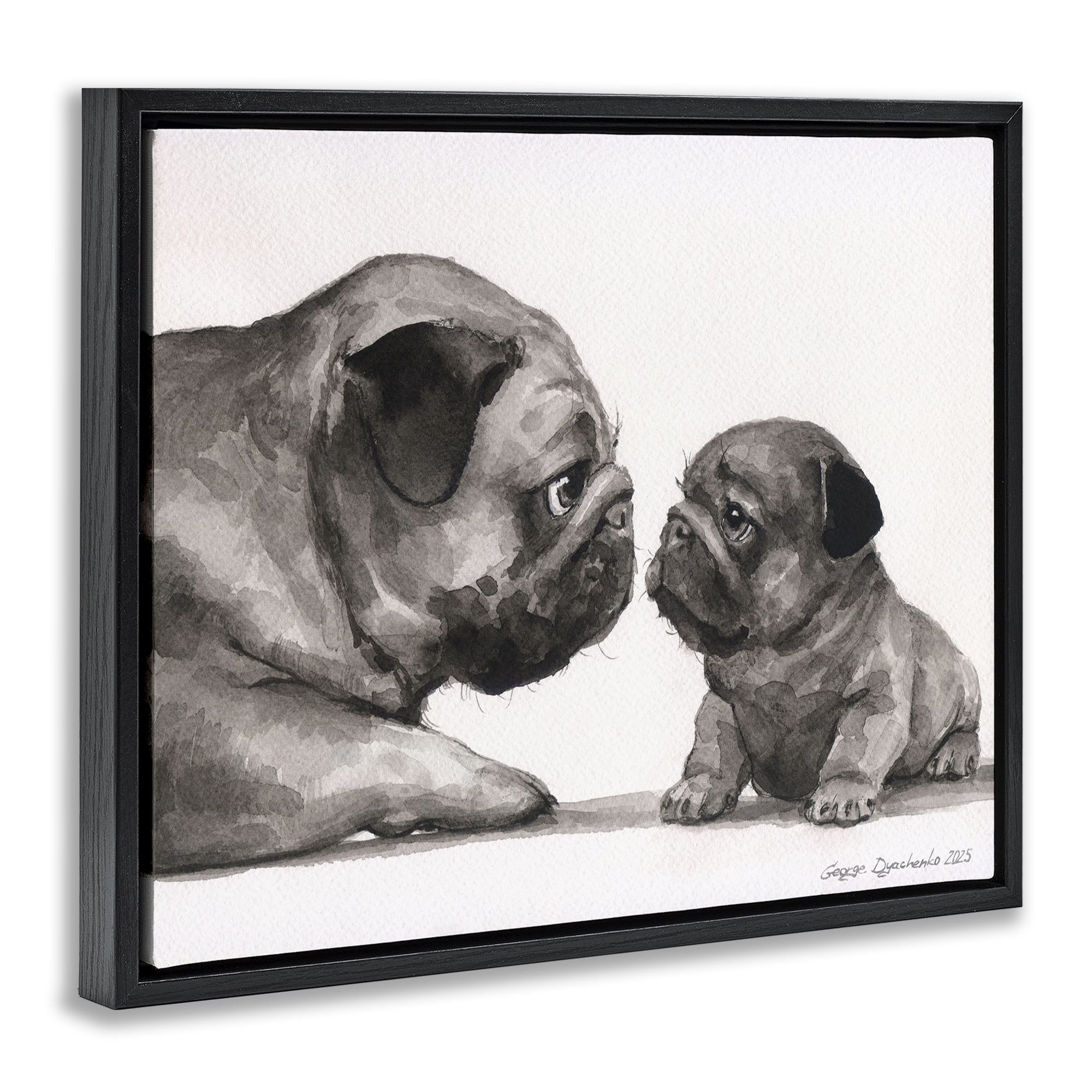 Stupell Industries Pug And Her Puppy Black Framed Floater Canvas Wall Art, design by George Dyachenko
